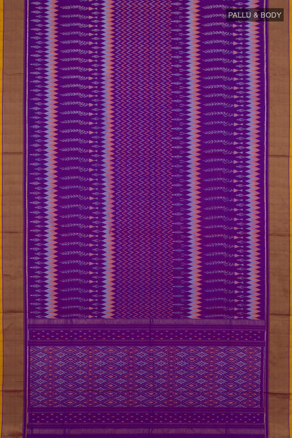 Flat view of Lavender Pochampally Saree with Ikat design on the body and Zari Border. 
