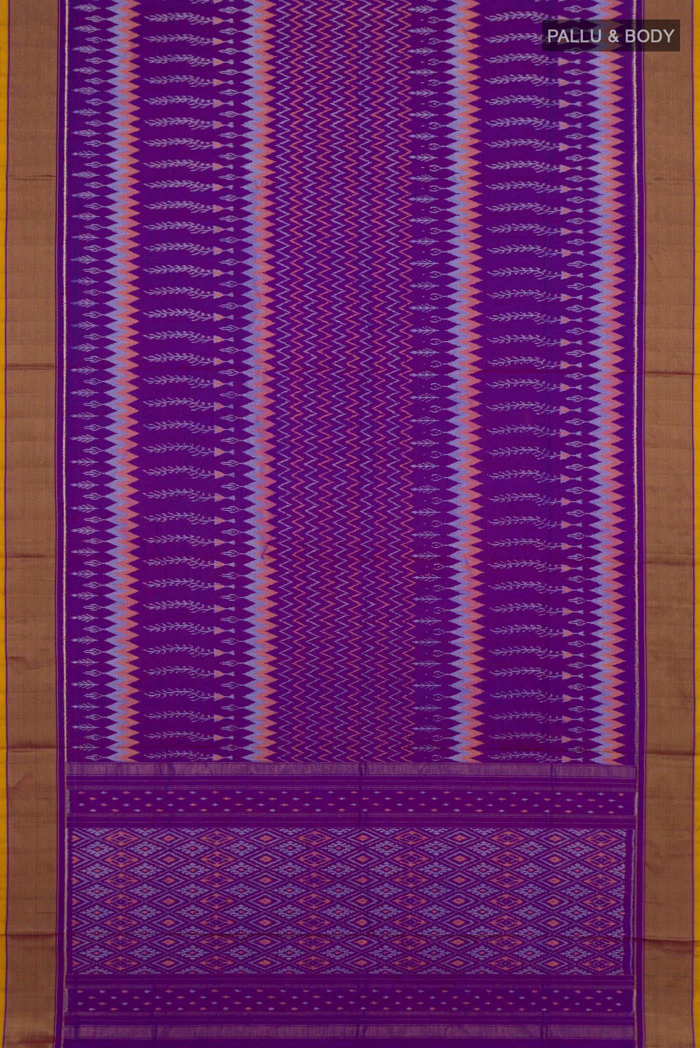 Flat view of Lavender Pochampally Saree with Ikat design on the body and Zari Border. 