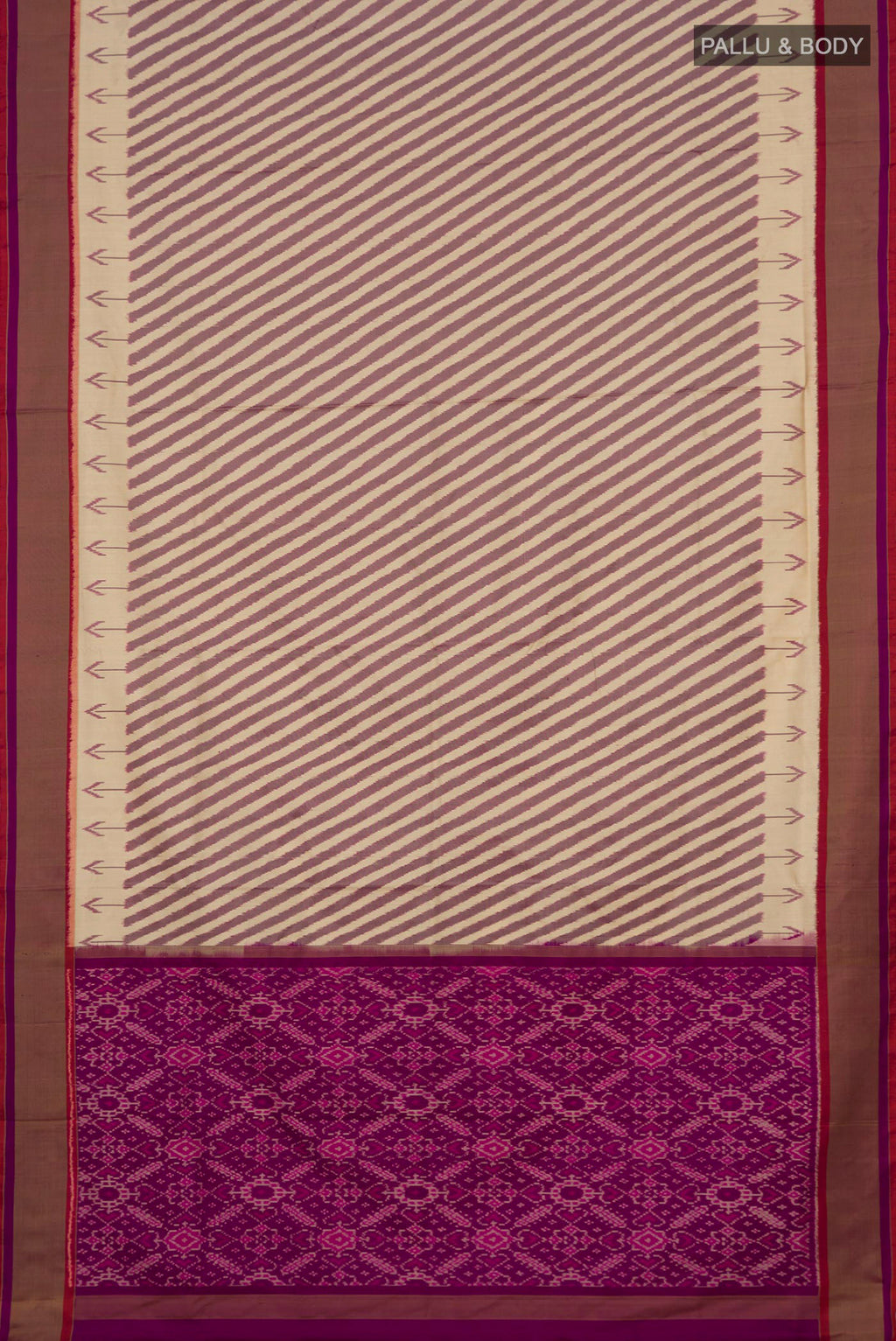 Flat view of Cream Pochampally Saree with Ikat design on the body and Plain Border. 