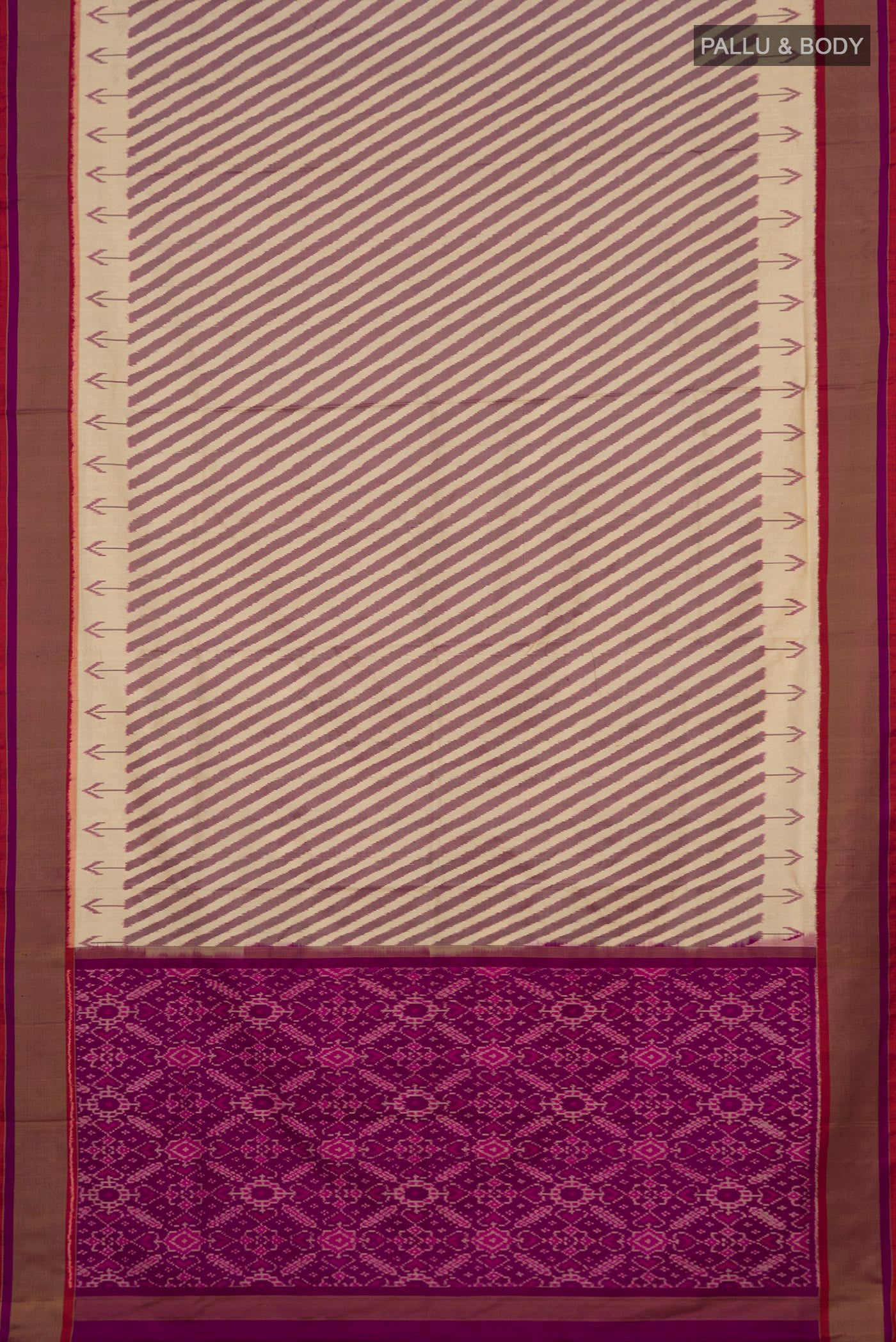 Flat view of Cream Pochampally Saree with Ikat design on the body and Plain Border. 