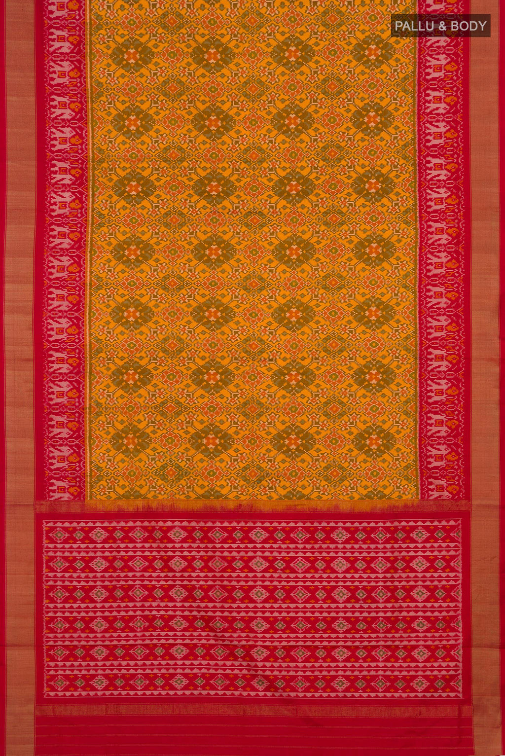 Flat view of Yellow Pochampally Silk Saree with Ikat design on the body and Zari Border. 