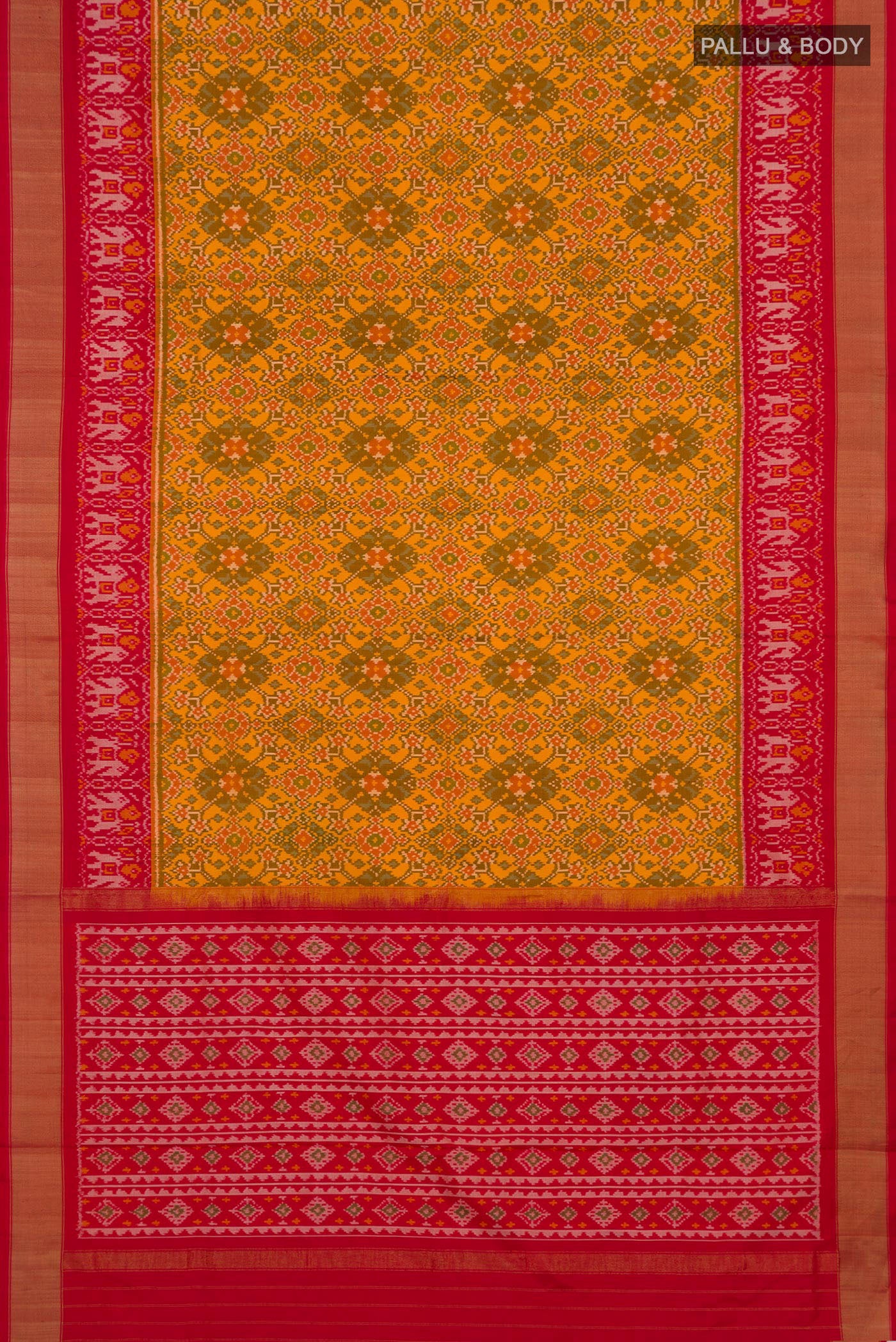 Flat view of Yellow Pochampally Silk Saree with Ikat design on the body and Zari Border. 