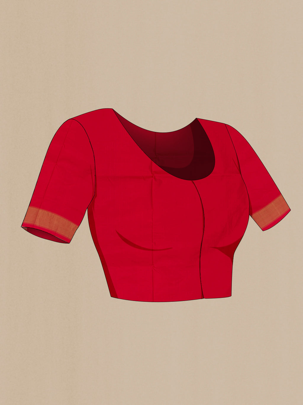 Close up image of the blouse of Red Pochampally Saree with Ikat design on the body and Zari Border. 