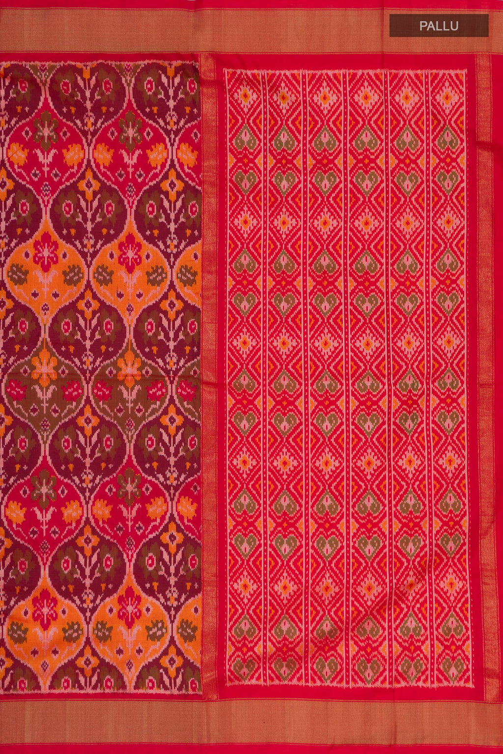 Close up image of the pallu of Red Pochampally Saree with Ikat design on the body and Zari Border. 