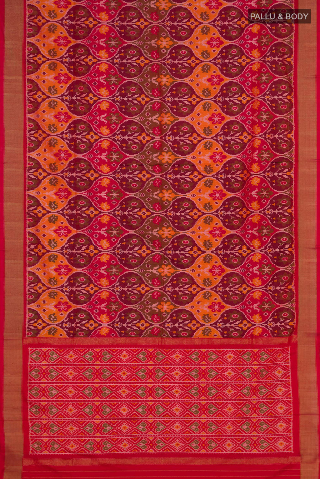 Flat view of Red Pochampally Saree with Ikat design on the body and Zari Border. 