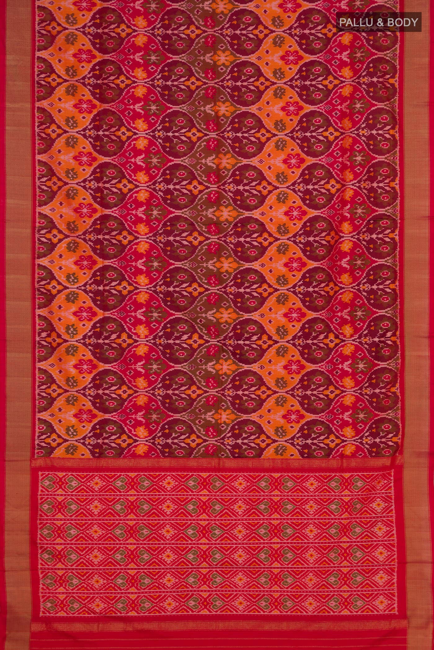 Flat view of Red Pochampally Saree with Ikat design on the body and Zari Border. 