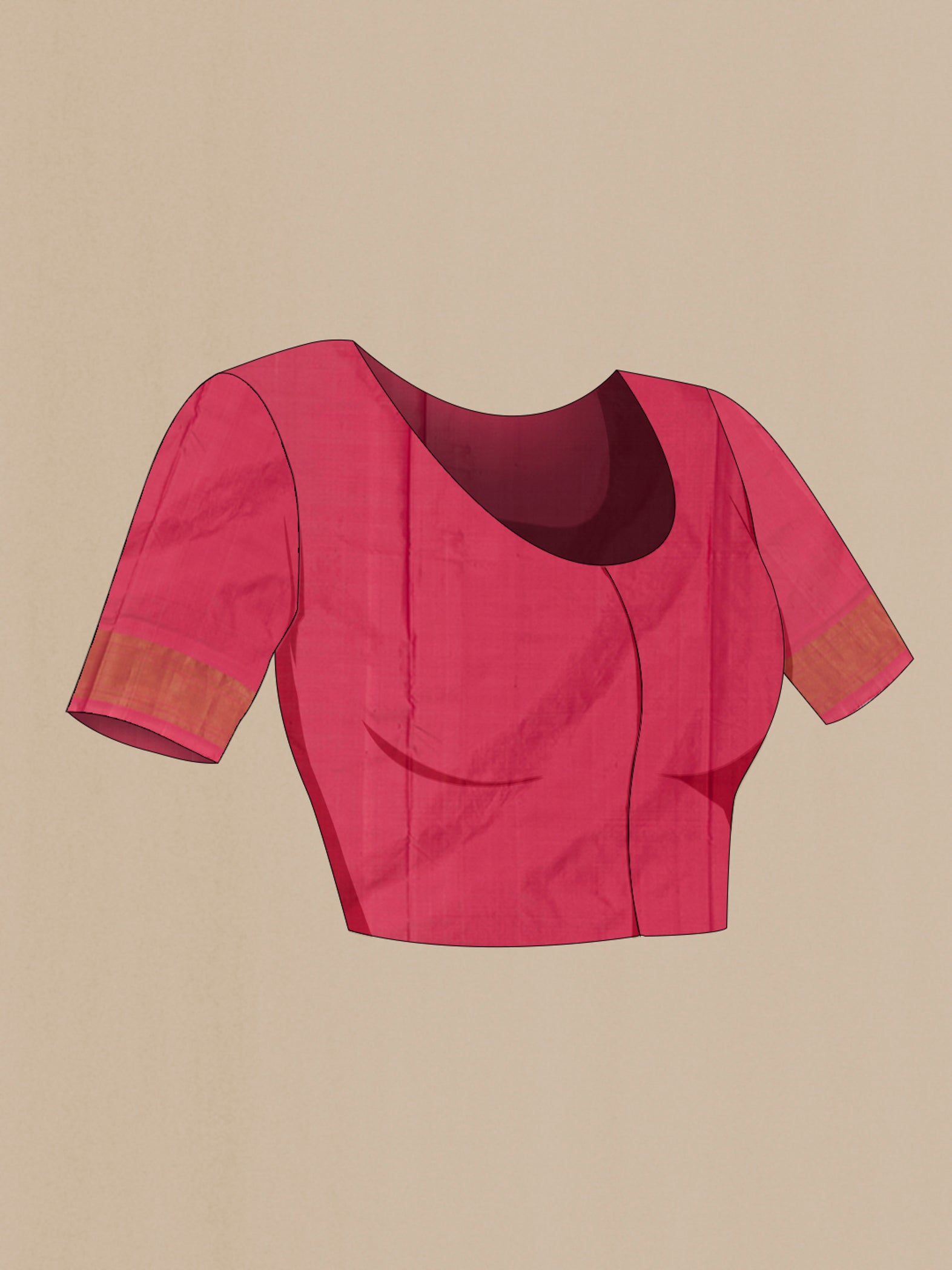 Close up image of the blouse of Peach Pochampally Saree with Ikat design on the body and Zari Border. 