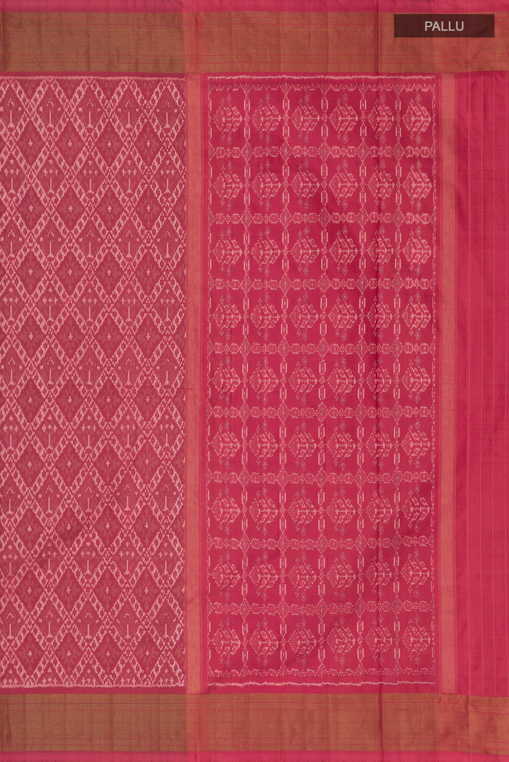Close up image of the pallu of Peach Pochampally Saree with Ikat design on the body and Zari Border. 