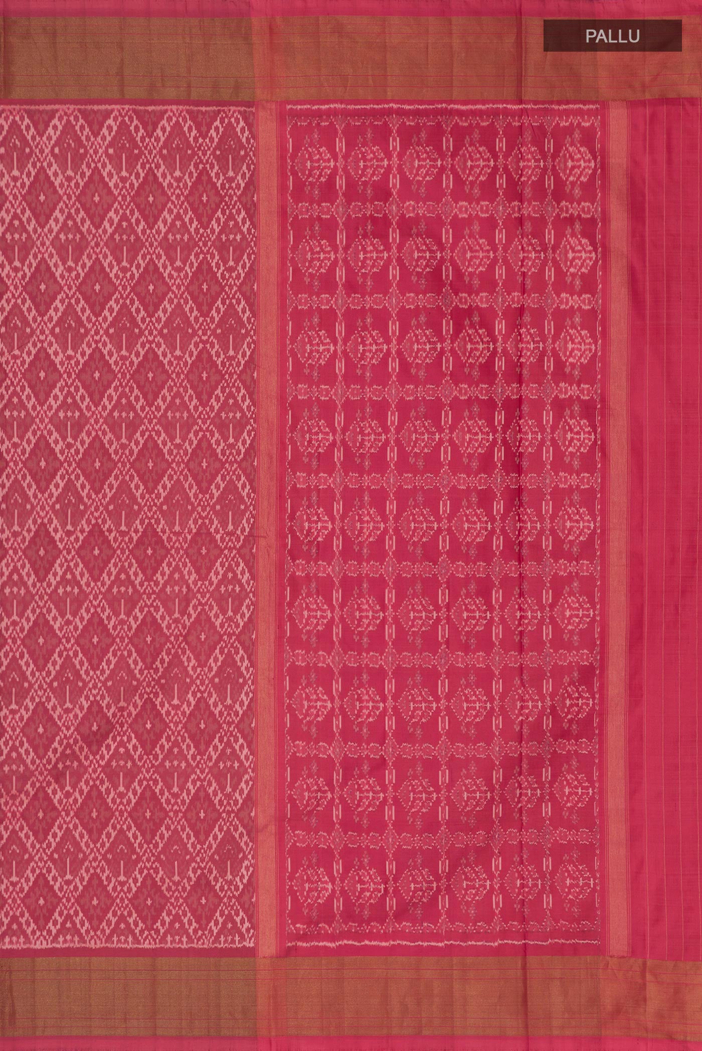 Close up image of the pallu of Peach Pochampally Saree with Ikat design on the body and Zari Border. 