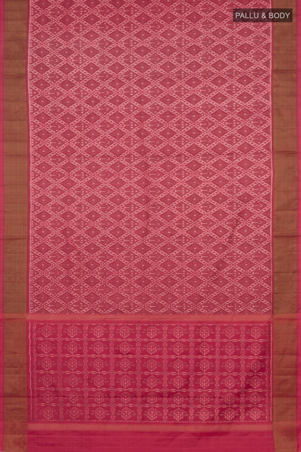 Flat view of Peach Pochampally Saree with Ikat design on the body and Zari Border. 