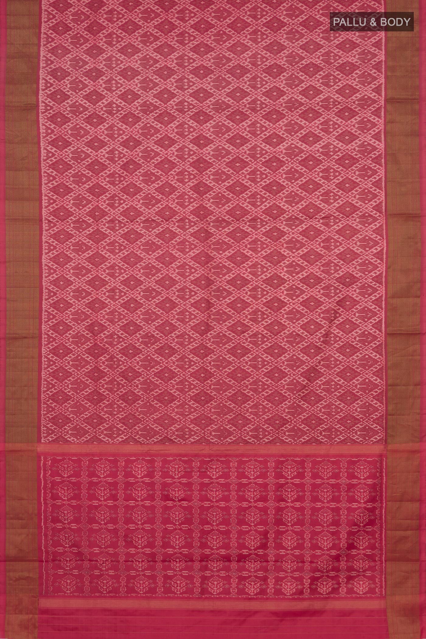 Flat view of Peach Pochampally Saree with Ikat design on the body and Zari Border. 