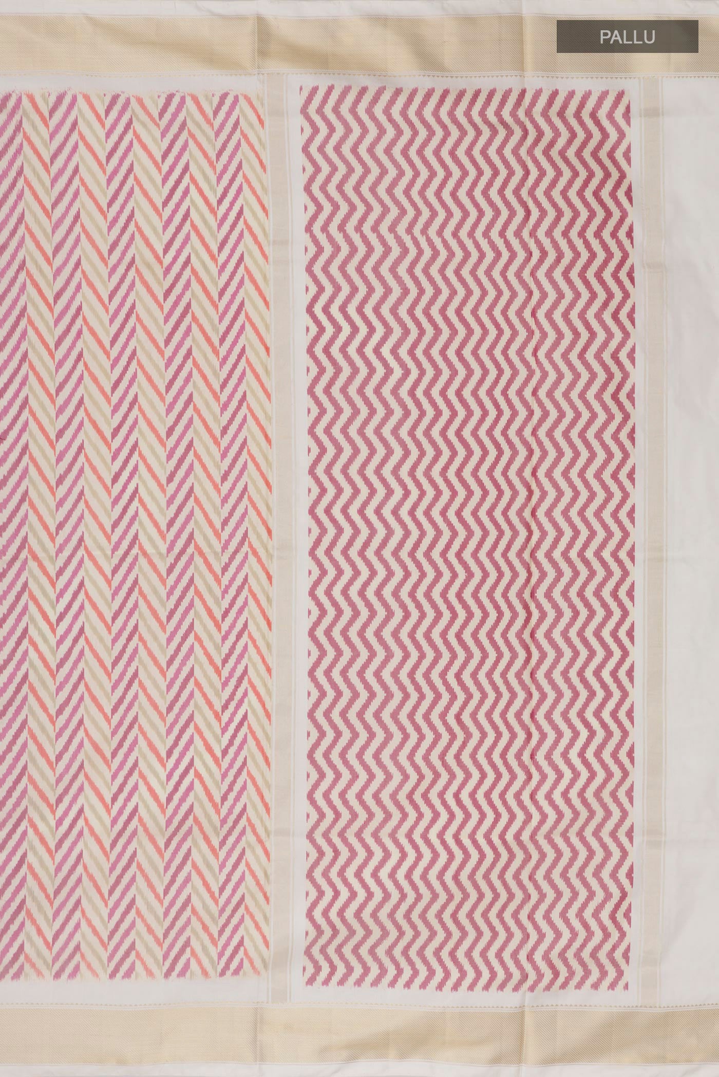 Close up image of the pallu of Cream Pochampally Silk Saree with Ikat design on the body and Zari Border. 