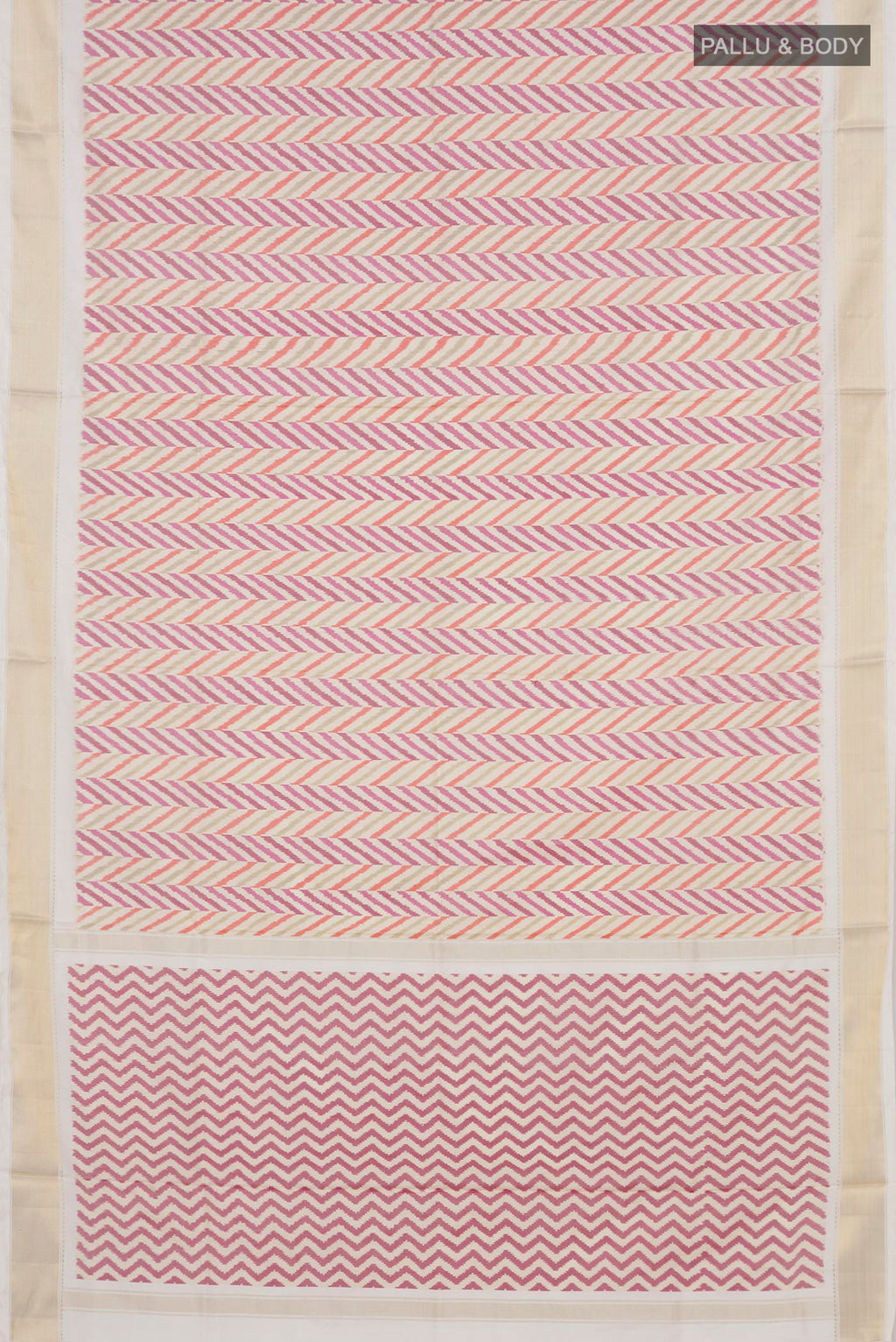 Flat view of Cream Pochampally Silk Saree with Ikat design on the body and Zari Border. 