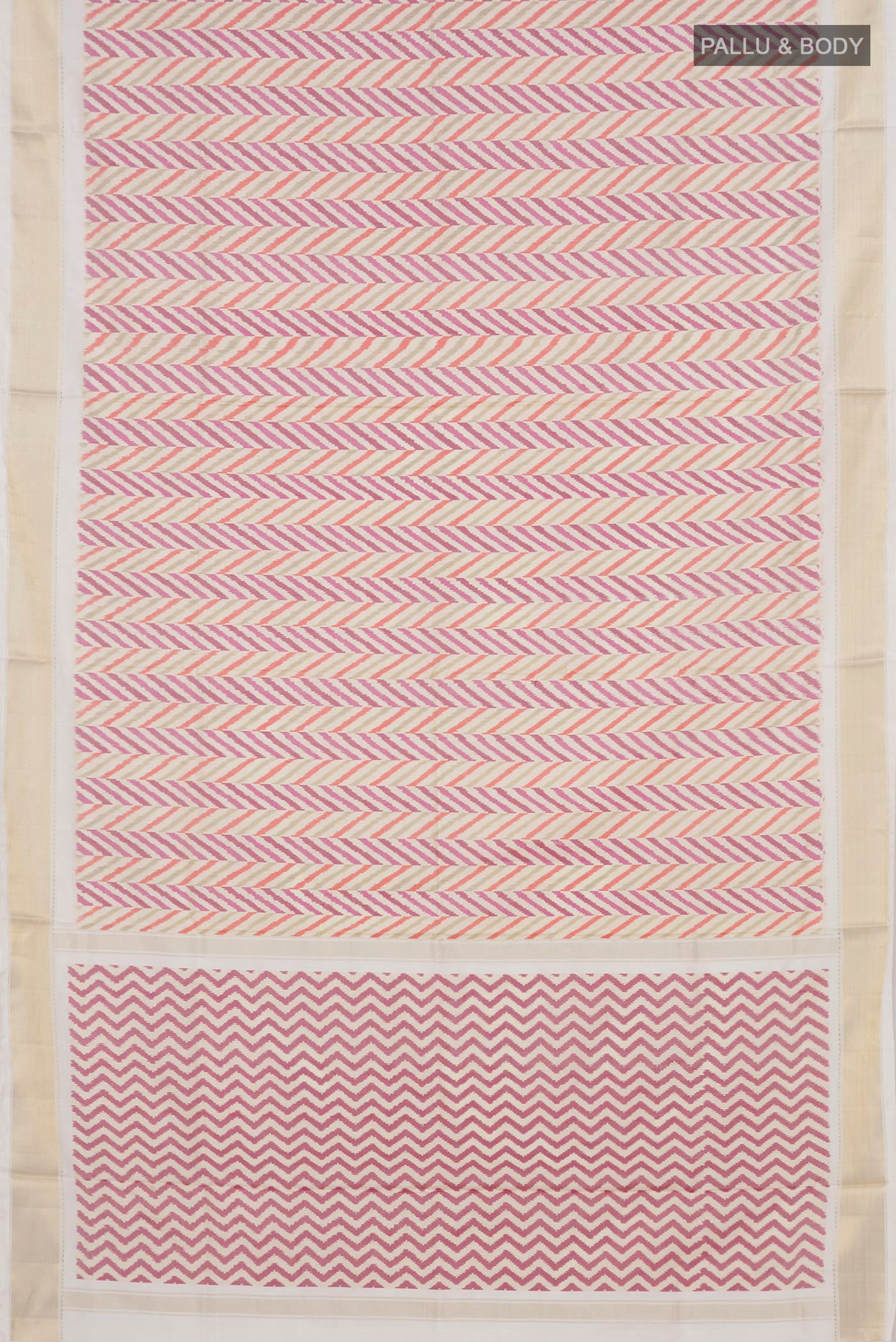 Flat view of Cream Pochampally Silk Saree with Ikat design on the body and Zari Border. 