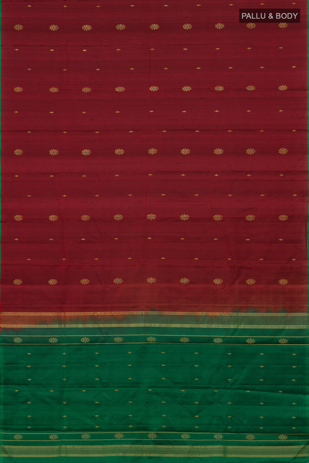 Flat view of Maroon Kanchipuram Silk Saree with Zari Butta on the body and Without Border. 