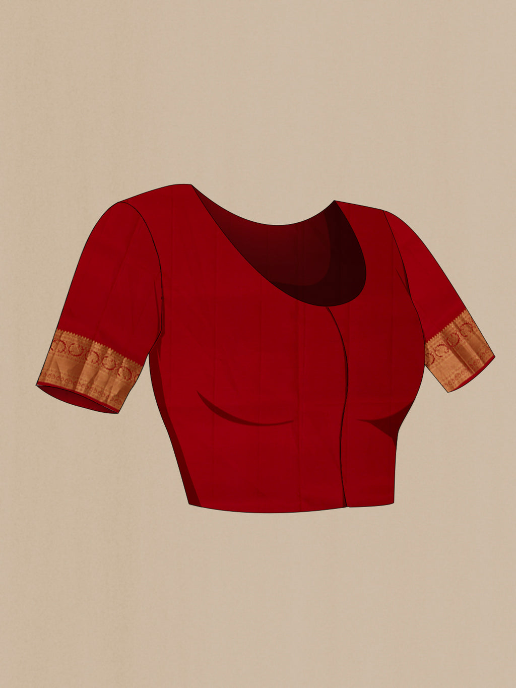 Close up image of the blouse of Red Soft Silk Saree with Zari Butta on the body and Zari Border. 