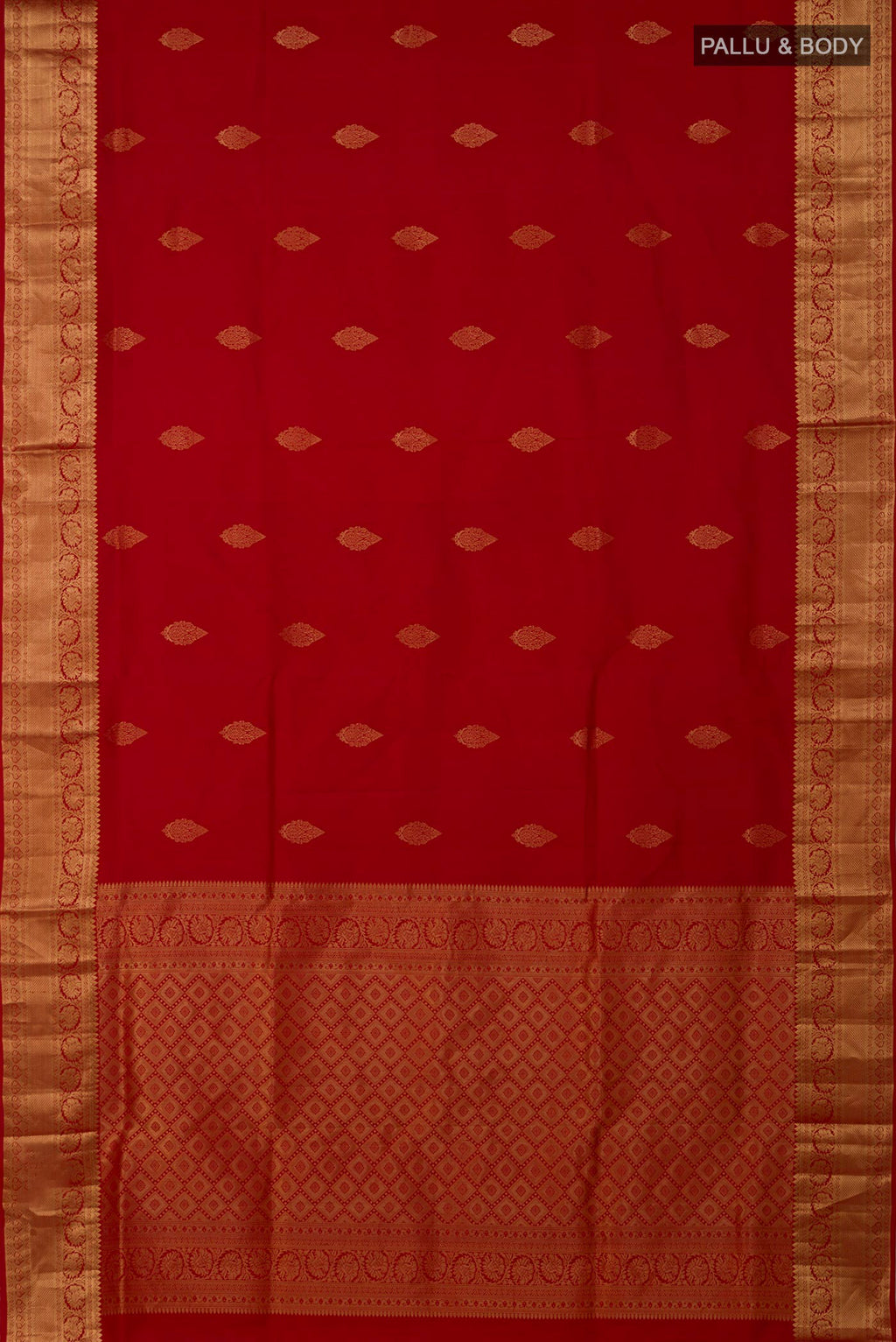 Flat view of Red Soft Silk Saree with Zari Butta on the body and Zari Border. 
