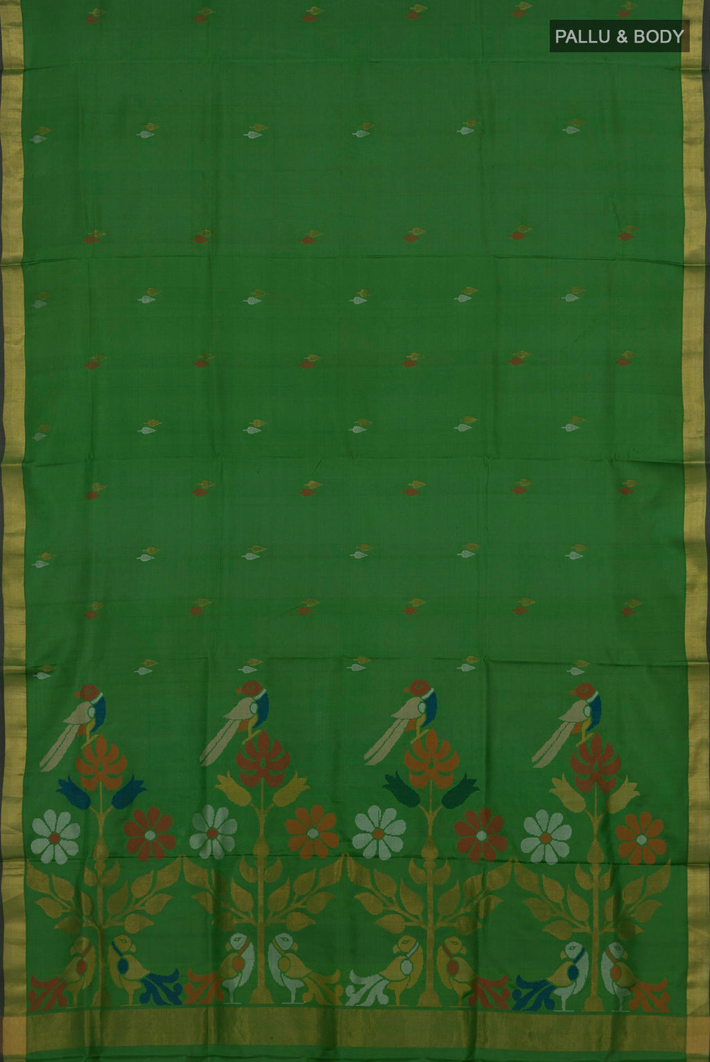 Flat view of Pure Silk Green Uppada Saree with Thread Butta on the body and Zari Border. 