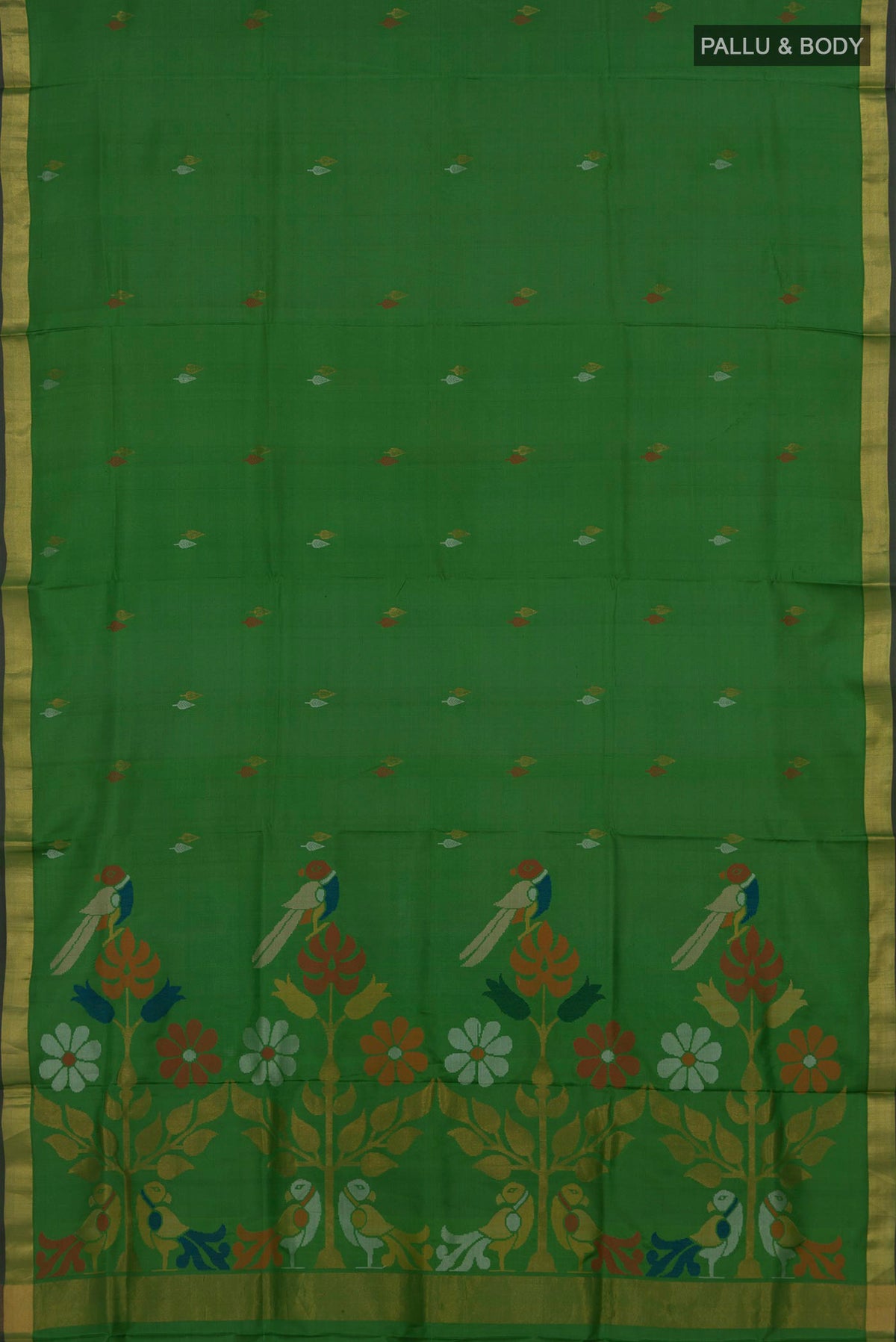 Flat view of Pure Silk Green Uppada Saree with Thread Butta on the body and Zari Border. 