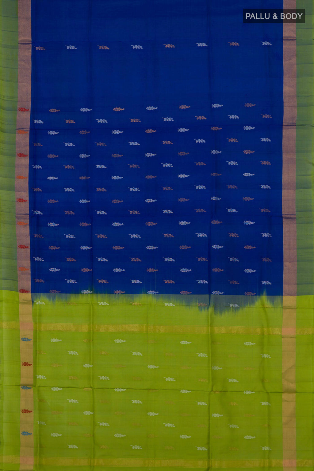 Flat view of Pure Silk Royal Blue Uppada Saree with Thread Butta on the body and Fancy Border. 