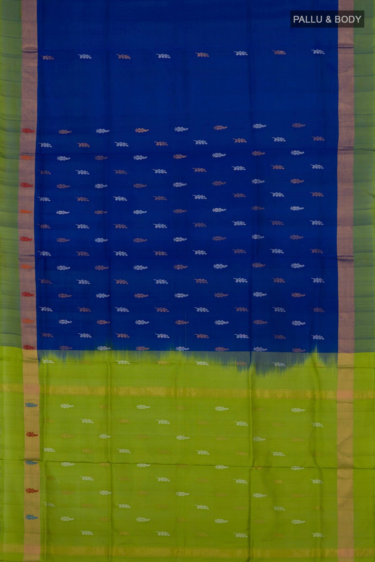 Flat view of Pure Silk Royal Blue Uppada Saree with Thread Butta on the body and Fancy Border. 