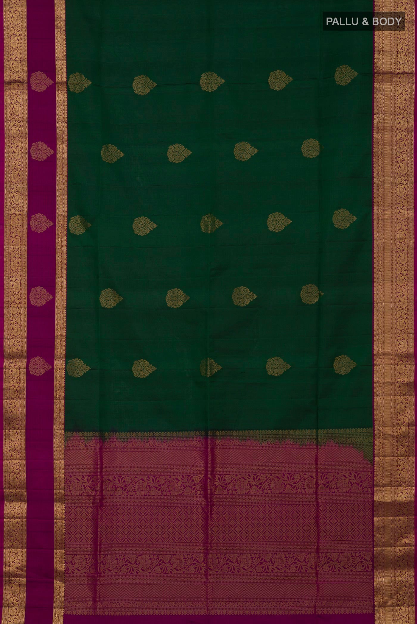 Flat view of Bottle Green Soft Silk Saree with Zari Butta on the body and Zari Border. 