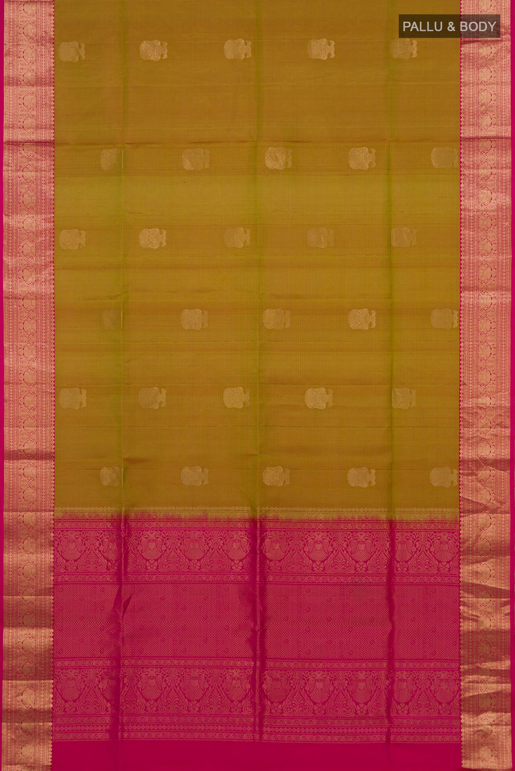 Flat view of Green Soft Silk Saree with Zari Butta on the body and Zari Border. 