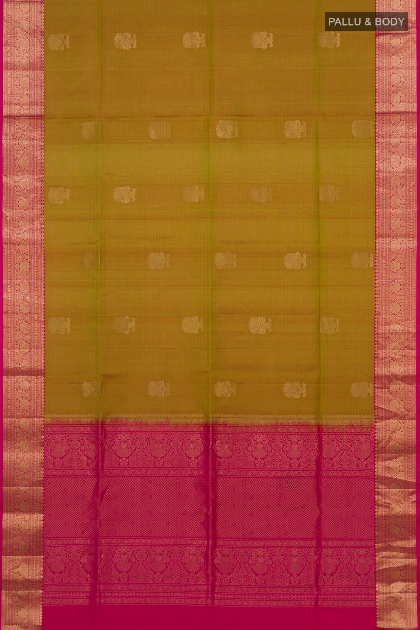 Flat view of Green Soft Silk Saree with Zari Butta on the body and Zari Border. 