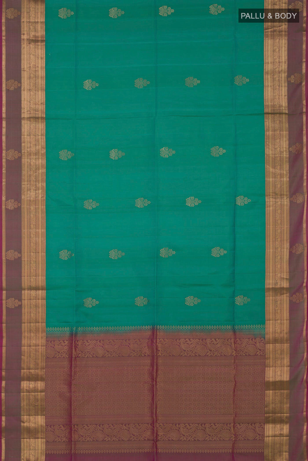 Flat view of Turquoise Soft Silk Saree with Zari Butta on the body and Zari Border. 