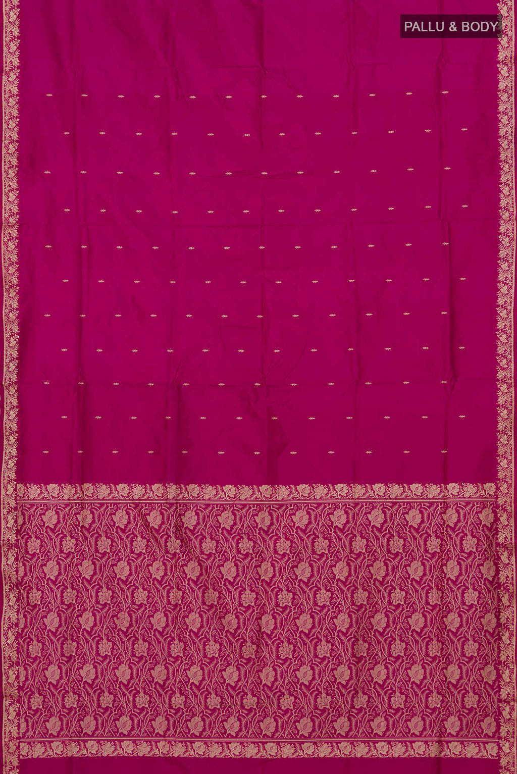 Flat view of Pure Silk Pink Banarasi Katan Saree with Thread Butta on the body and Thread Border. 
