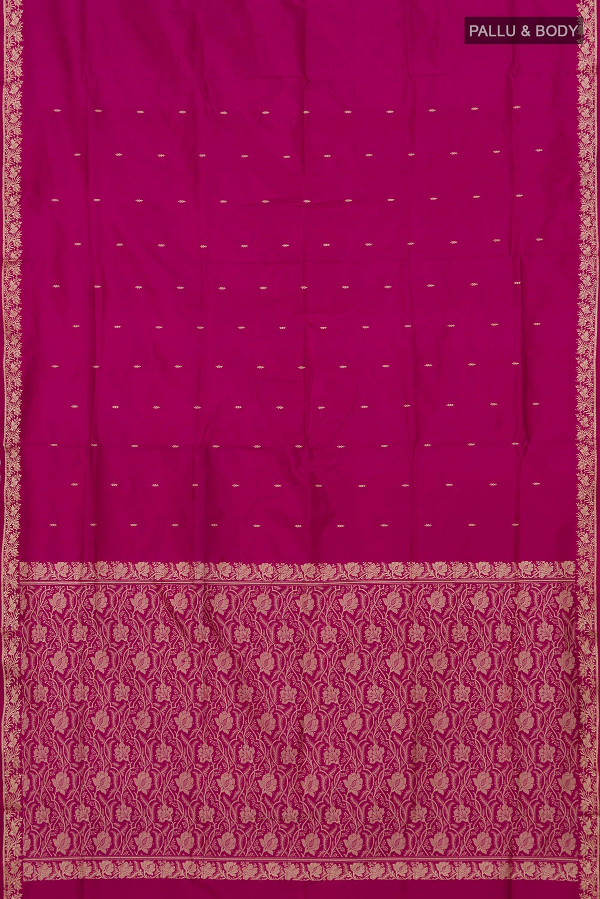 Flat view of Pure Silk Pink Banarasi Katan Saree with Thread Butta on the body and Thread Border. 