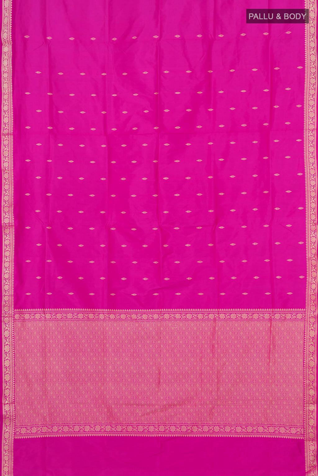 Flat view of Pink Banarasi Katan Silk Saree with Thread Butta on the body and Thread Border. 