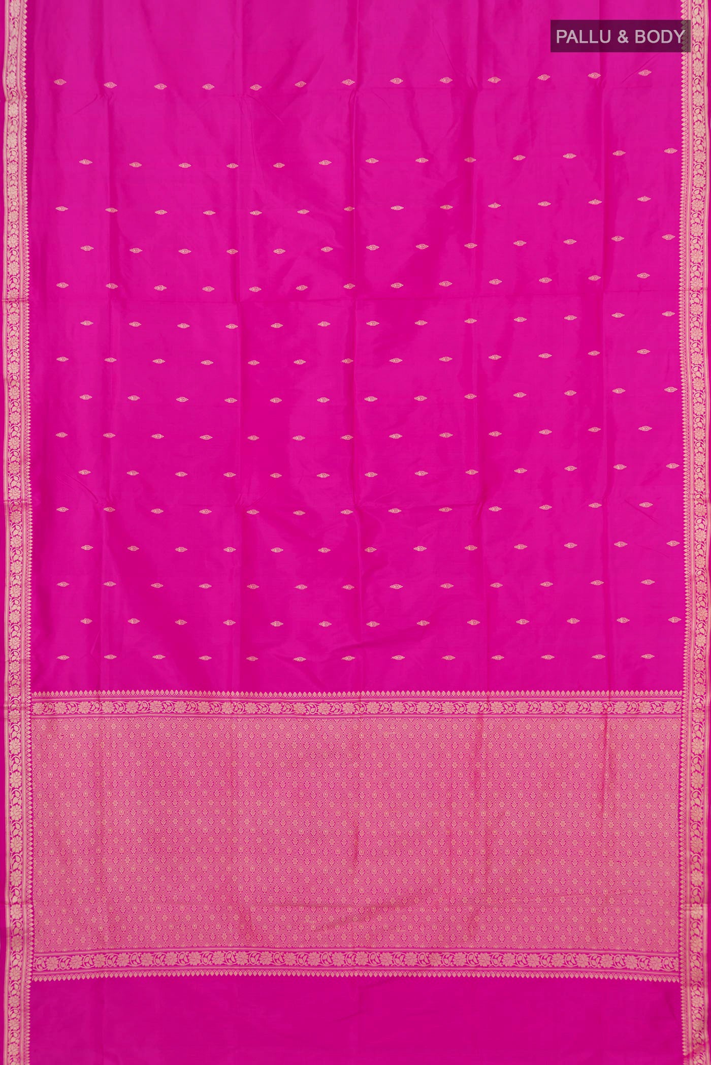 Flat view of Pink Banarasi Katan Silk Saree with Thread Butta on the body and Thread Border. 