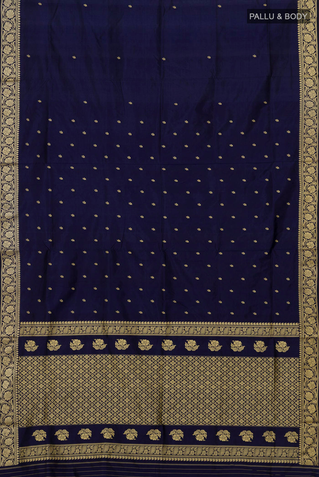 Flat view of Pure Silk Navy Blue Banarasi Katan Saree with Thread Butta on the body and Thread Border. 