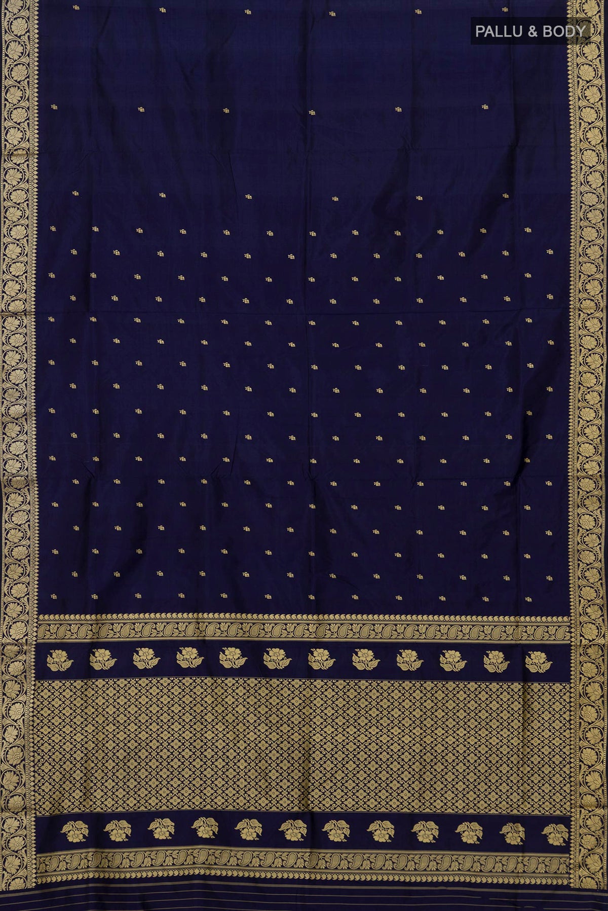 Flat view of Pure Silk Navy Blue Banarasi Katan Saree with Thread Butta on the body and Thread Border. 