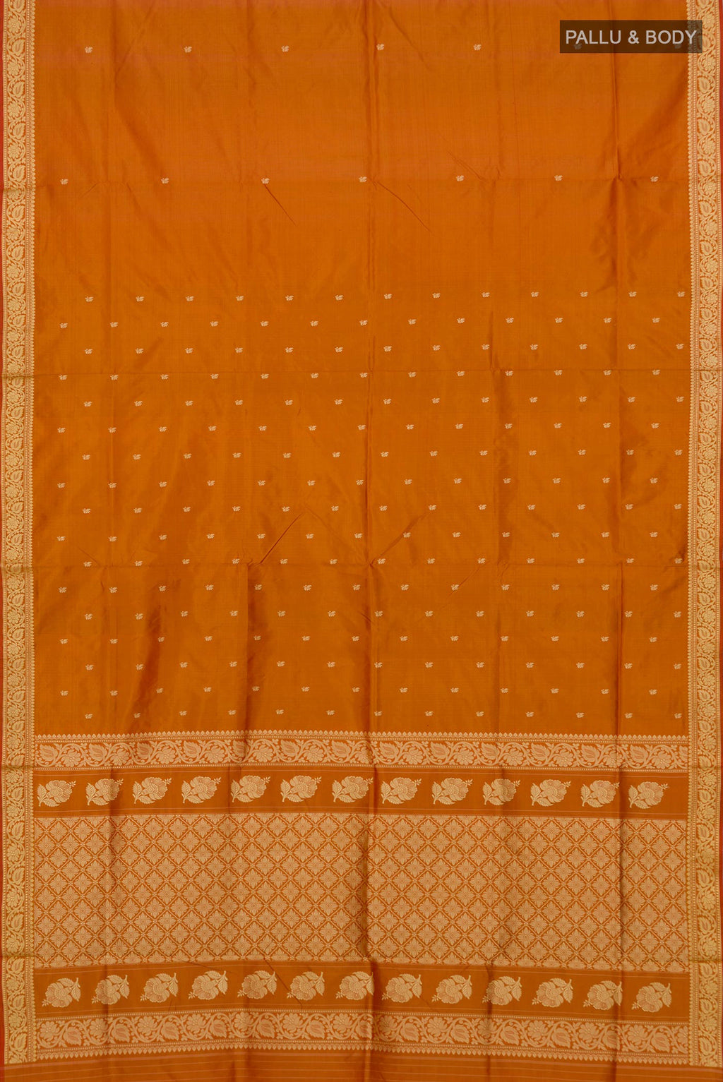 Flat view of Pure Silk Mustard Banarasi Katan Saree with Thread Butta on the body and Thread Border. 