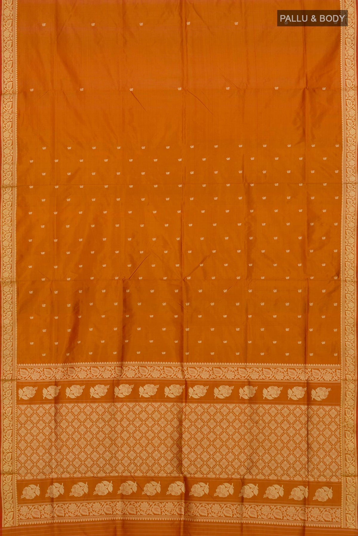 Flat view of Pure Silk Mustard Banarasi Katan Saree with Thread Butta on the body and Thread Border. 