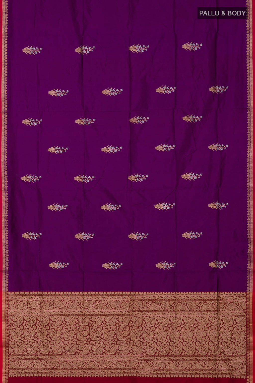 Flat view of Purple Banarasi Katan Silk Saree with Zari Butta on the body and Thin Zari Line. 