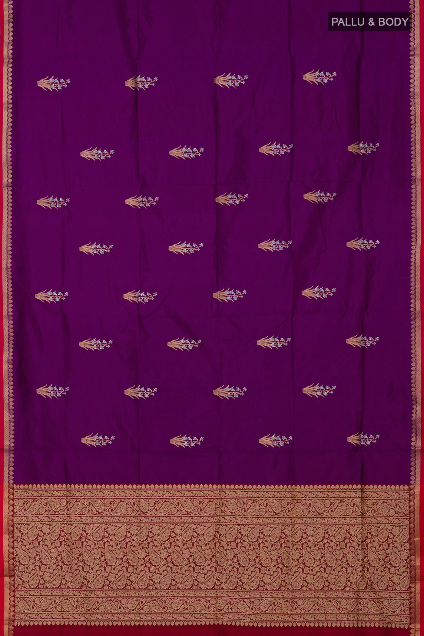 Flat view of Purple Banarasi Katan Silk Saree with Zari Butta on the body and Thin Zari Line. 
