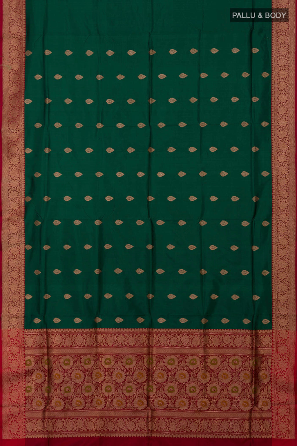 Flat view of Bottle Green Banarasi Katan Silk Saree with Zari Butta on the body and Fancy Border. 