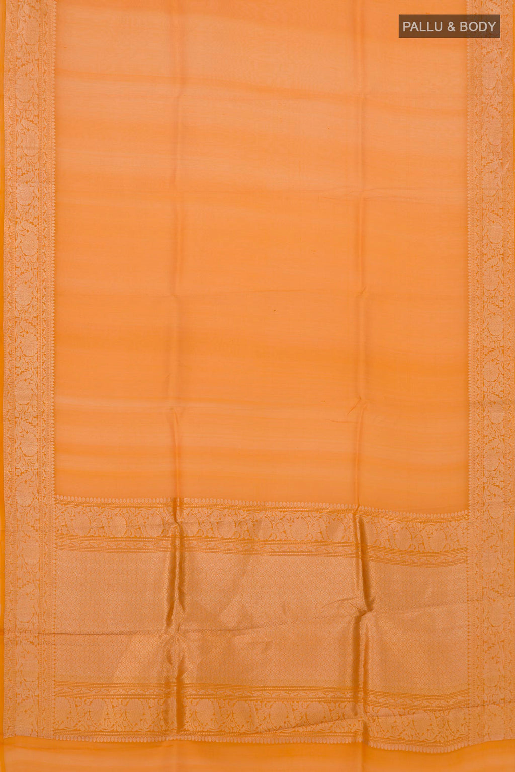 Flat view of Orange Organza Silk Saree with Plain Body and Zari Border. 