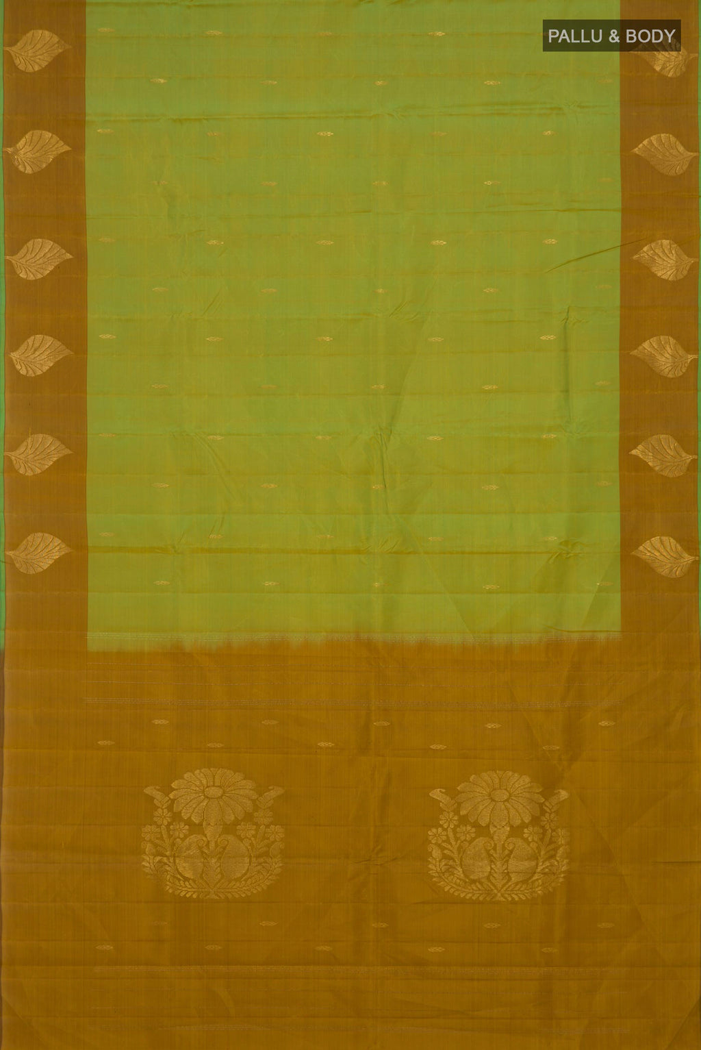 Flat view of Pure Silk Green Kanchipuram Saree with Zari Butta on the body and Fancy Border. 
