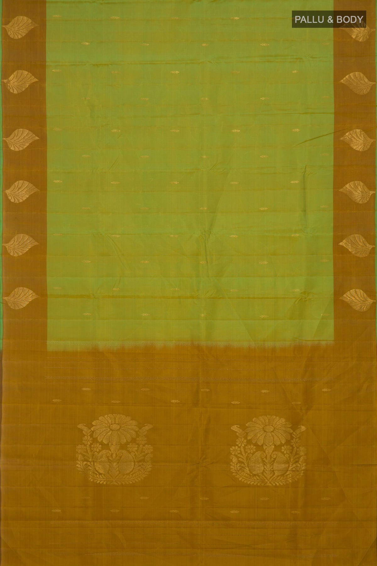 Flat view of Pure Silk Green Kanchipuram Saree with Zari Butta on the body and Fancy Border. 