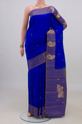 Pure Silk Royal Blue Kanchipuram Saree with Zari Butta on the body and Fancy Border.  displayed on a mannequin