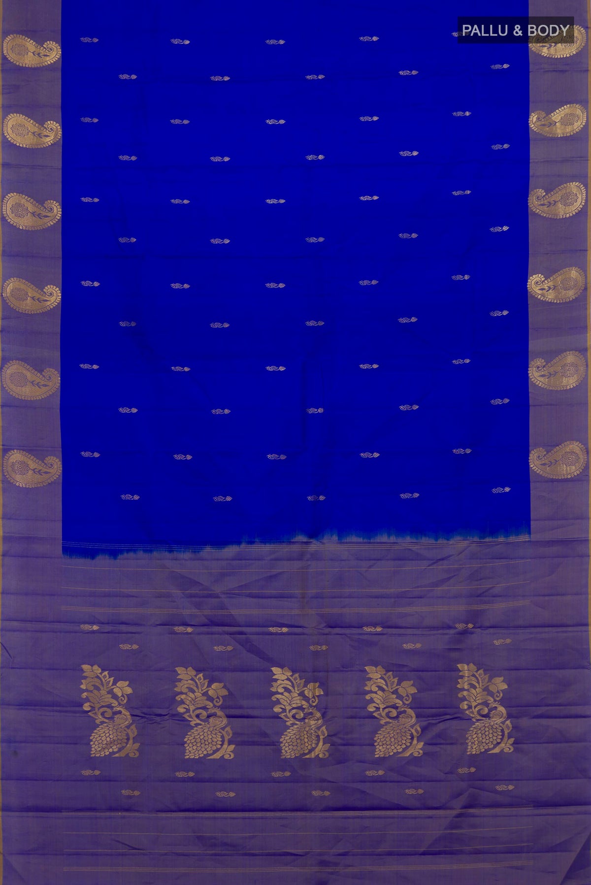 Flat view of Pure Silk Royal Blue Kanchipuram Saree with Zari Butta on the body and Fancy Border. 