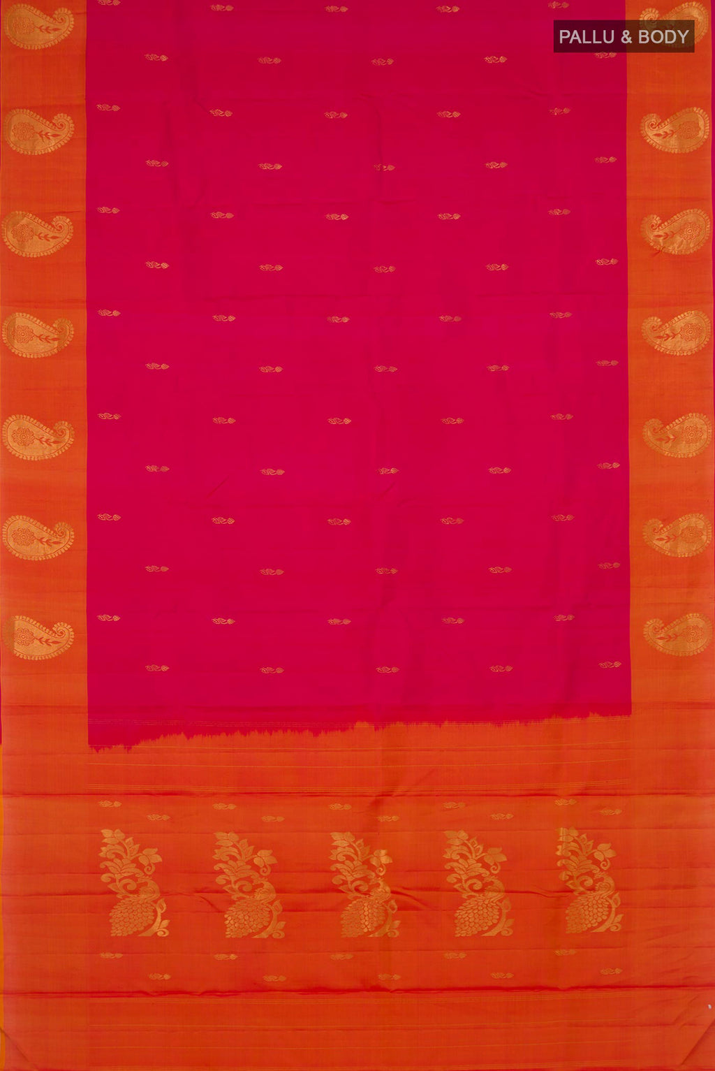 Flat view of Pure Silk Pink Kanchipuram Saree with Zari Butta on the body and Fancy Border. 