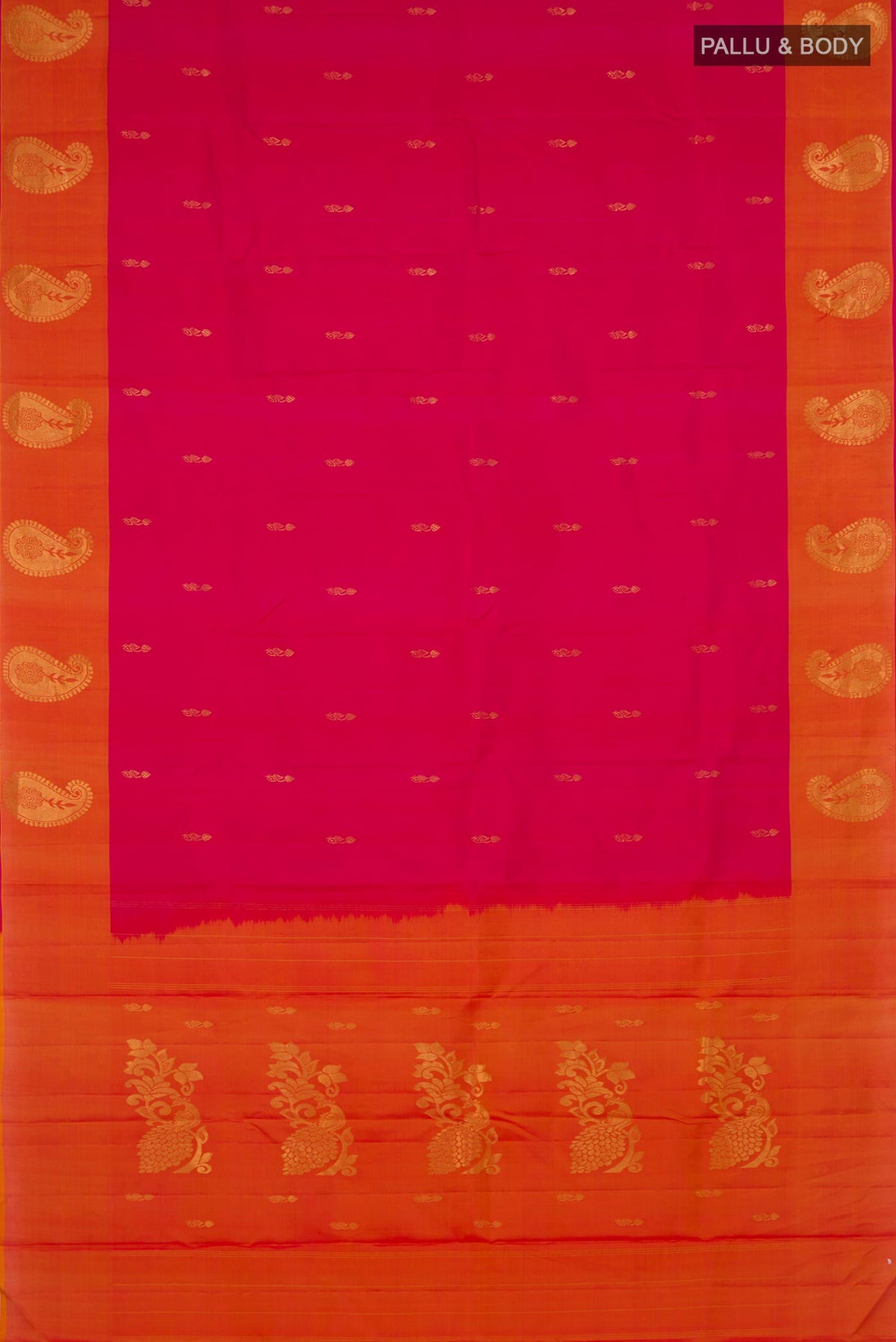 Flat view of Pure Silk Pink Kanchipuram Saree with Zari Butta on the body and Fancy Border. 