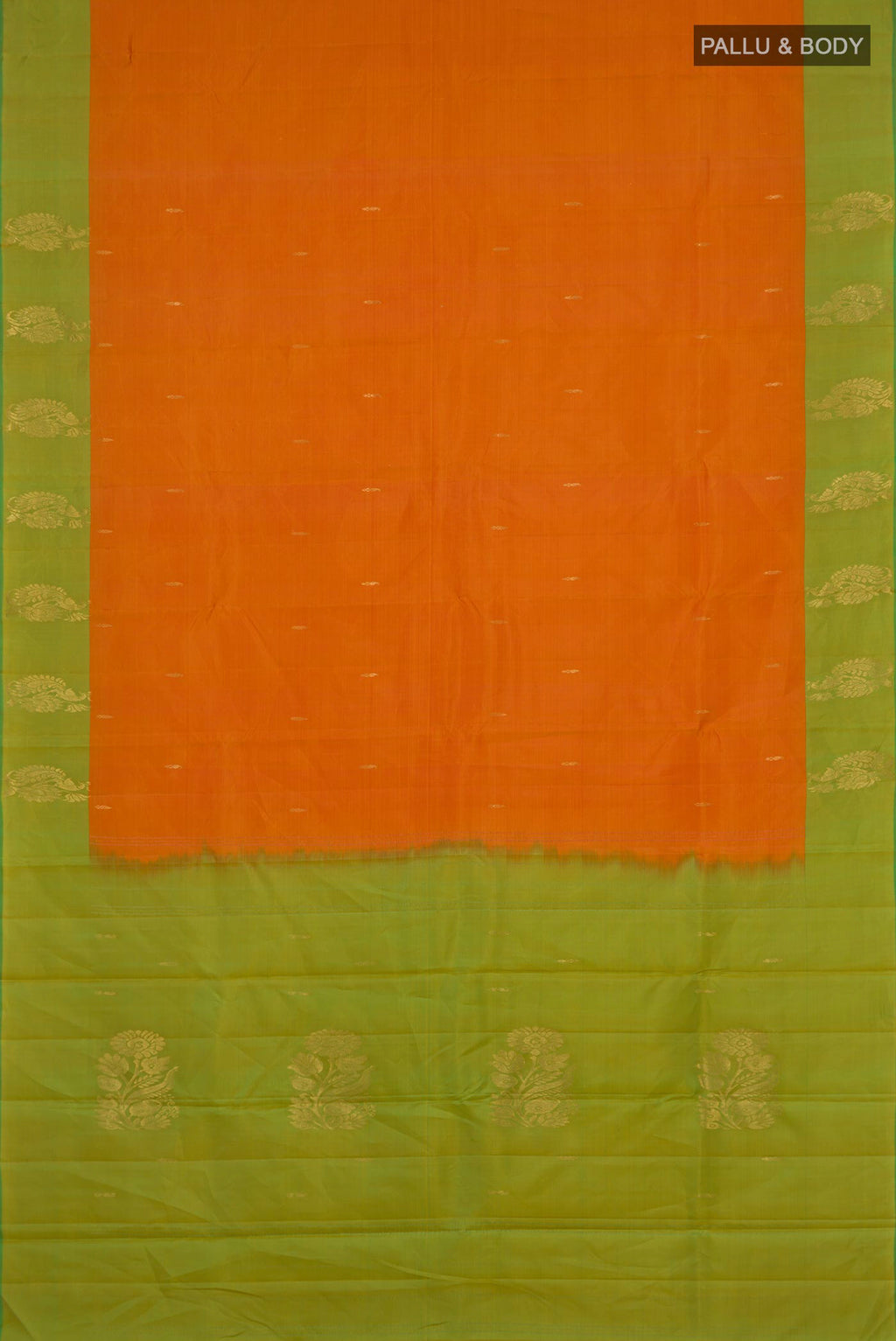 Flat view of Pure Silk Yellow Kanchipuram Saree with Zari Butta on the body and Fancy Border. 