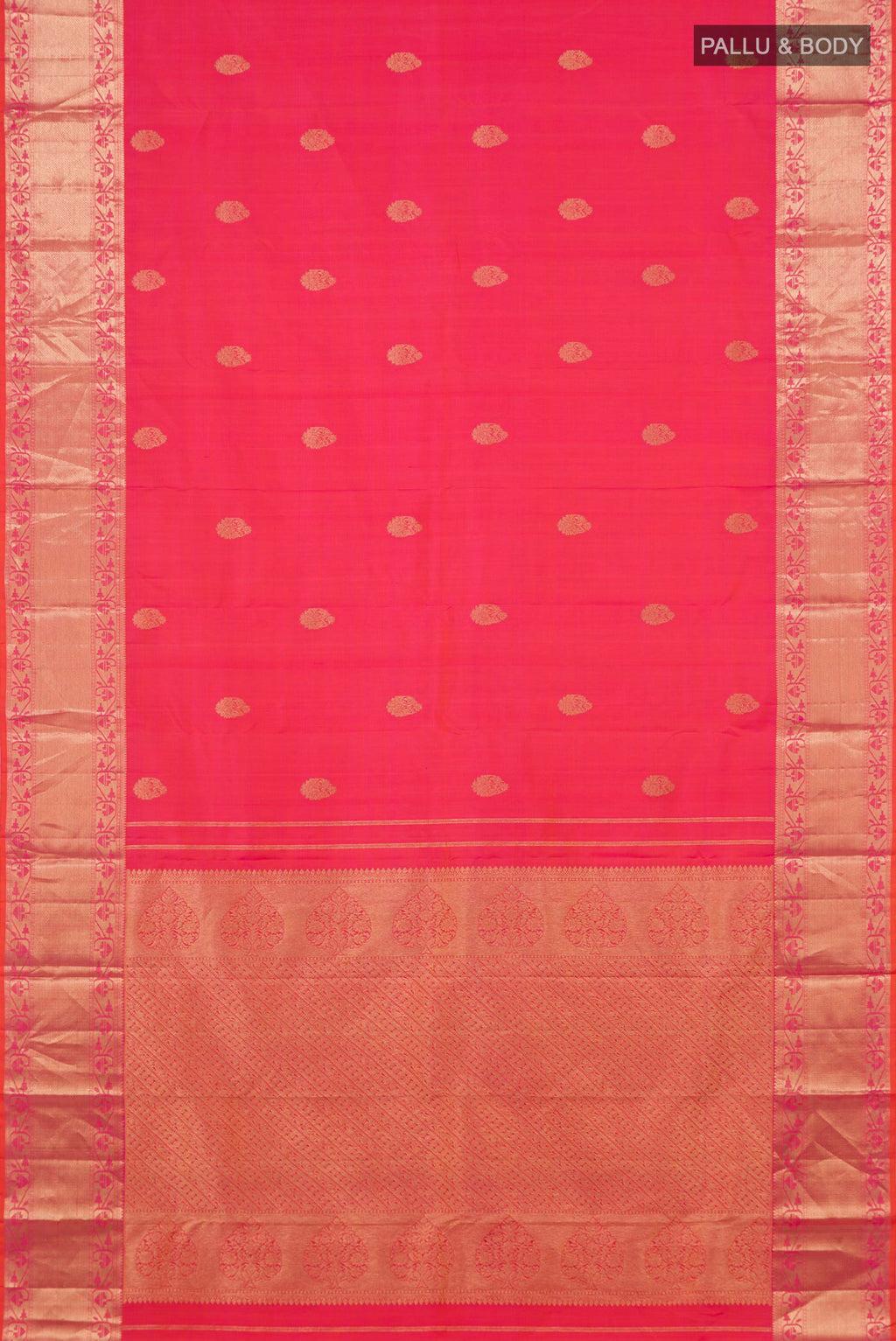 Flat view of Pink Dual Tone Kanchipuram Silk Saree with Zari Butta on the body and Zari Border. 