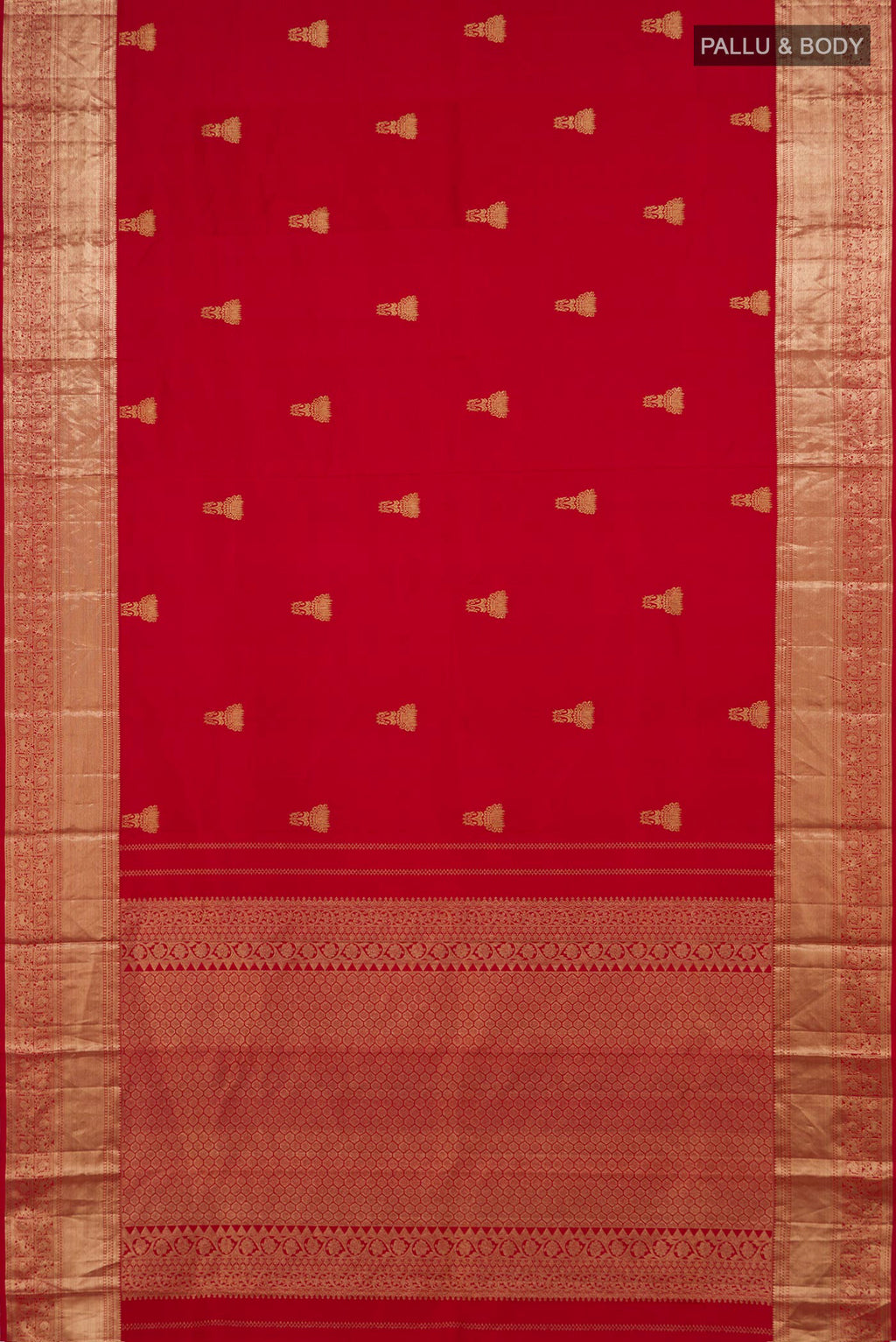 Flat view of Pure Silk Red Kanchipuram Saree with Zari Butta on the body and Zari Border. 
